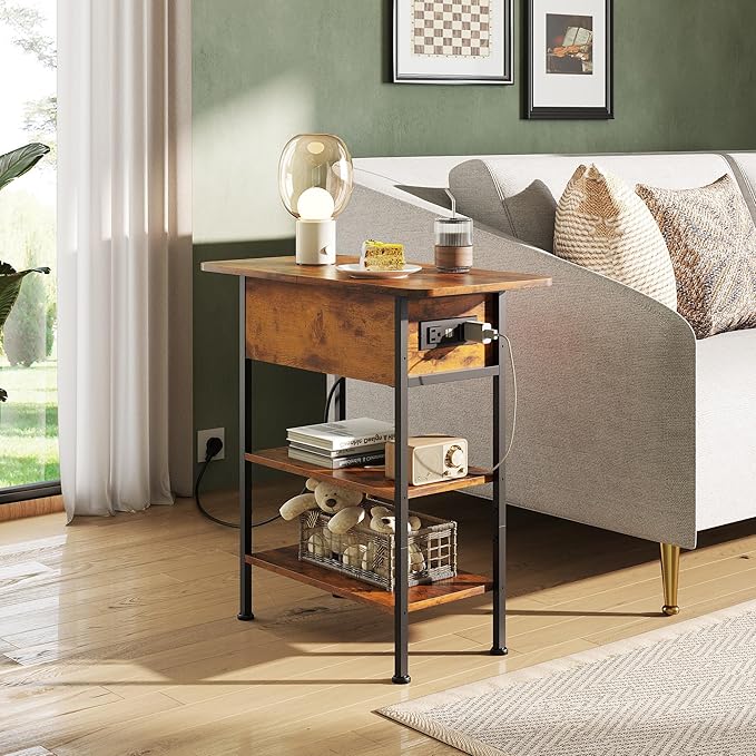 WLIVE End Table with Charging Station, Flip Top Side Table with Storage Shelf, Narrow Bedside Table for Living Room, Sofa Couch Table with USB Ports and Outlets, Bedroom Nightstand, Rustic Brown