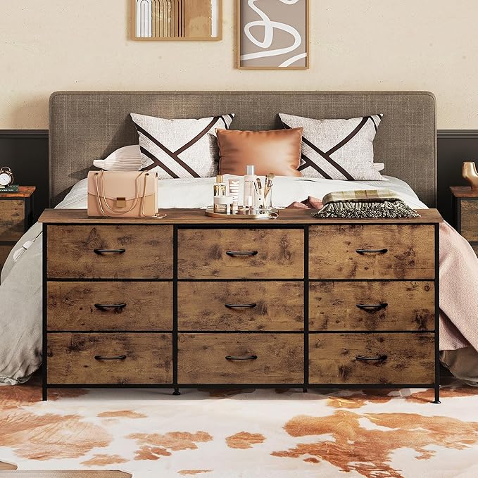 WLIVE 54''W Dresser for Bedroom, Dresser TV Stand for 55, 60, 65 inch TV, Wide Chest of Drawers with 9 Drawer, Large Entertainment Center, Fabric Dressers with Wood Top for Living Room, Rustic Brown