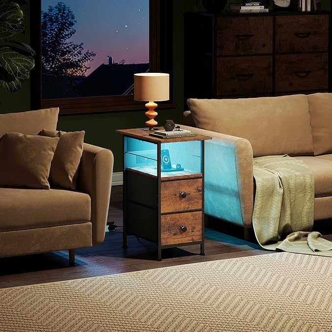 WLIVE Nightstand Set of 2 with Charging Station, End Table Sets with LED Lights, 2 Fabric Drawers and Open Shelf, Bed Side Tables Living Room, Small Space, Night Stand for Bedroom, Rustic Brown
