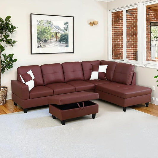 NicBex Sectional Couch 3 Pieces Sofa Set with Left Chaise Faux Leather L Shaped Cloud Couch for Living Room Furniture Sets with Storage Ottoman, Modular Sofa for Living Room & Apartment, Dark Red