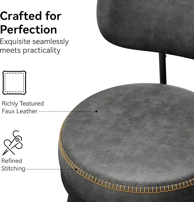 Counter Height Bar Stools, 26" H Swivel Barstools Set of 6, Faux Leather Kitchen Counter Stools with Back and Stylish Stitching, Metal Frame, Pub, Home Bar, Black Grey