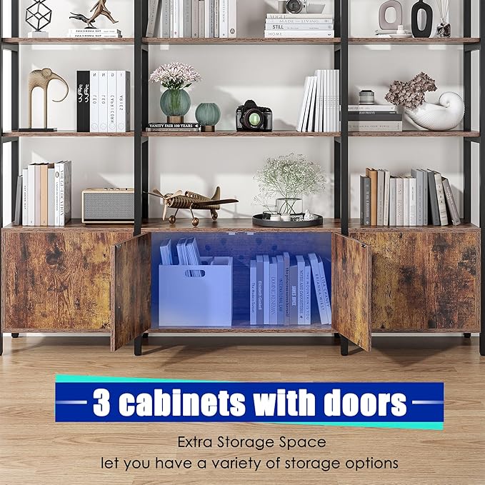 Triple Wide 5 Tier Tall Arched Bookshelf and Bookcase with 3 Cabinets, Industrial Metal Etagere Open Bookshelf, Rustic Wood Standing Book Shelf with Black Metal Frame for Bedroom Living Room