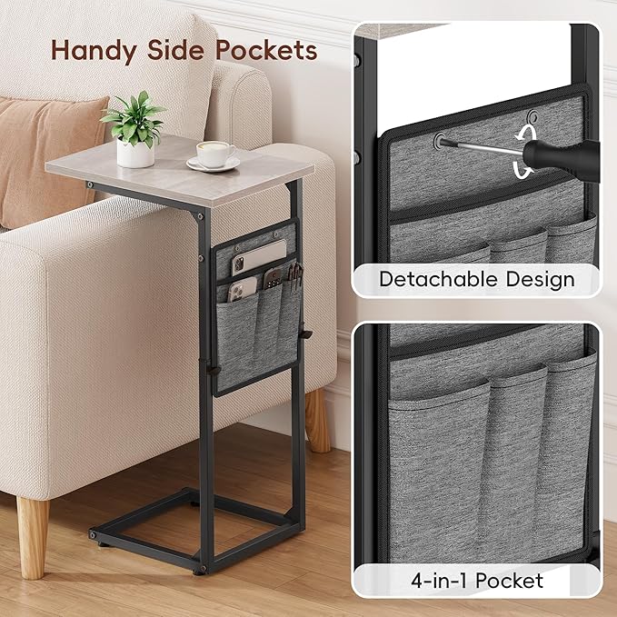 Vagusicc C Shaped End Table, 33" Tall Side Table for Couch, Adjustable Height Small Couch Side Table, Laptop Sofa Tables Slide Under Recliner Tables TV Tray Arm Tables for Living Room, Bedroom, Grey