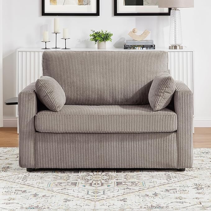 Twin Size Sofa Bed 47.2" Sleeper Sofa Loveseat Sofa with a Foldable Mattress, a Foldable Side Table, a Side Storage Pocket and Two USB Ports for Living Room, Grey-Brown