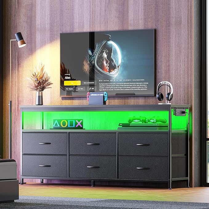 Huuger LED TV Stand for Bedroom, 55 Inch Fabric Dresser with Power Outlets, Entertainment Center for 60, 55, 50 Inch TV, 6 Drawer Dresser for Bedroom, Chest of Drawers with Shlef, PU Leather, Black