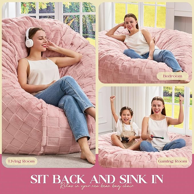 Hobestluk Bean Bag Chairs Beanbag Chair with Filler Adult Bean Bags with Fluffy Cover, Giant Bean Bag Chairs for Adults for Living Room, Bedroom (Pink, 6FT - 70" x 70" x 15")