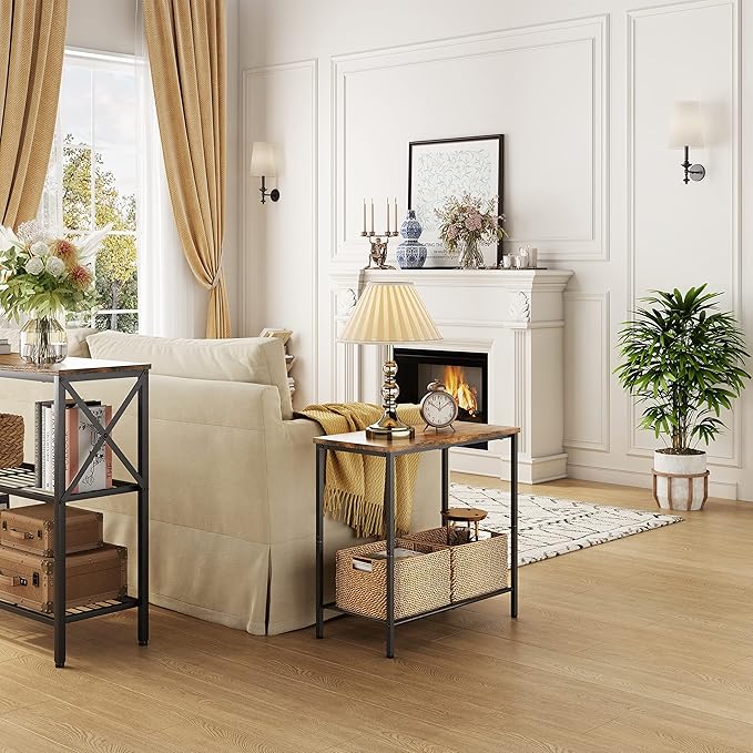 Hoctieon 2 Tier End Table, Sofa Side Table, Narrow Side Table with Storage, Slim Nightstand for Small Spaces, Metal Frame, for Living Room, Bedroom, Sofa Couch, Hall, Rustic Brown, 2 Set