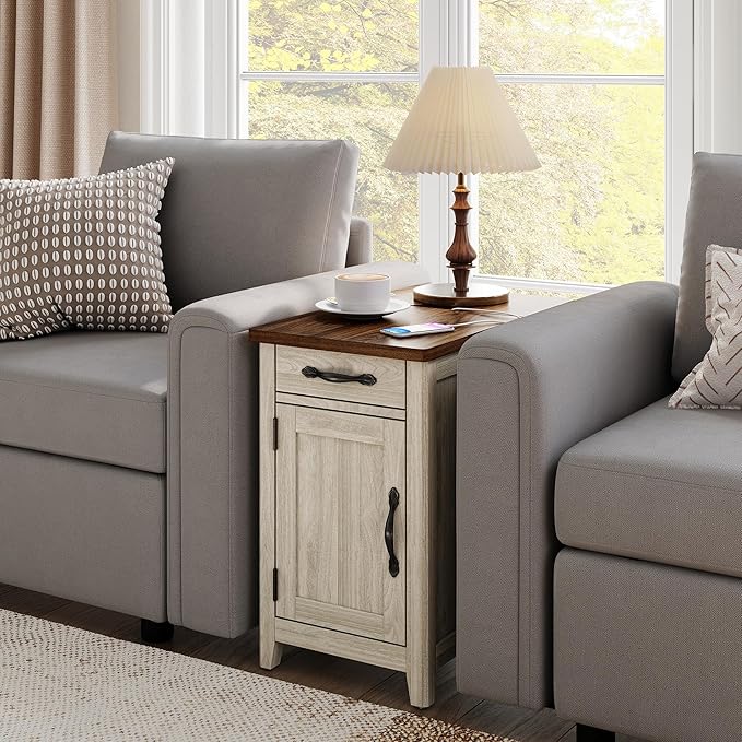 LINSY HOME End Table Set of 2 with Charging Station, Modern Farmhouse Sofa Couch Side Table, Wooden Bedside Table for Living Room Bedroom, Narrow Nightstand with Storage Cabinet for Small Space