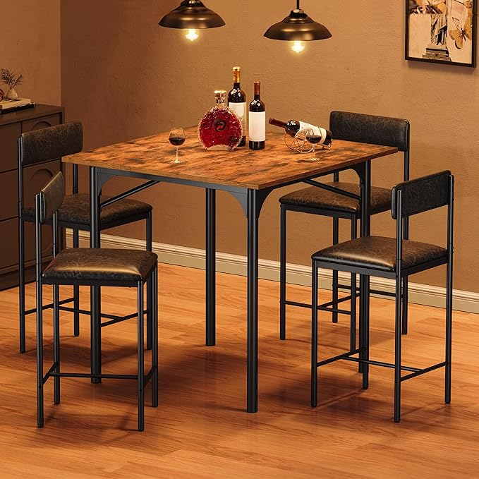 DWVO 5-Piece Dining Room Table Set Bar Table and Chairs Set Counter Height Dining Table Set Industrial High Top Kitchen Table with 4 Barstools for Kitchen Living Room Restaurant Bar Small Spaces Brown
