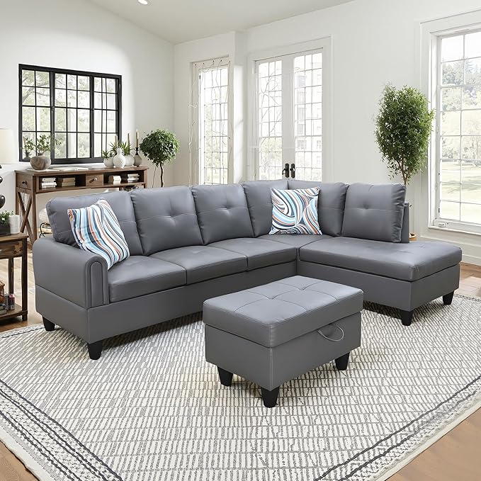 NicBex Sectional Couch 3 Pieces Sofa Set with Left Chaise Faux Leather L Shaped Cloud Couch for Living Room Furniture Sets with Storage Ottoman, Modular Sofa for Living Room & Apartment, Gray