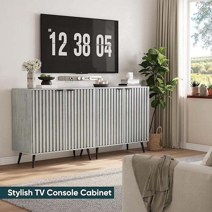 Semiocthome Gray Buffet Cabinet with Storage, Sideboard with Fluted Doors and Metal Legs, Storage Cabinet with Adjustable Shelf, Accent Table for Living Room, Dining Room, Kitchen, Entryway