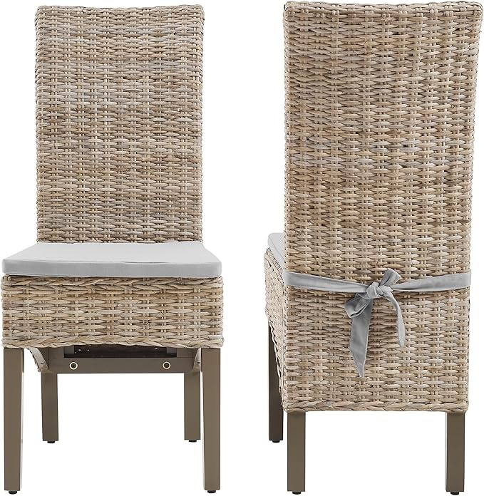 Crosley Furniture Edelyn Natural Rattan Dining Chairs Set of 2, Farmhouse Kitchen Accent Chair with Cushion, Kubu Rattan/Gray