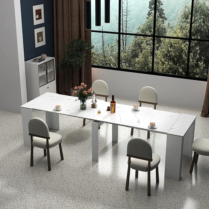 KEIKI 20-118.5"L Extendable Foldable Dining Room Table for 1-10 People, Wood Multifunctional Rectangle Expandable Console Kitchen Living Meeting Room Furniture, 6 Tabletop Length Options, Marble White