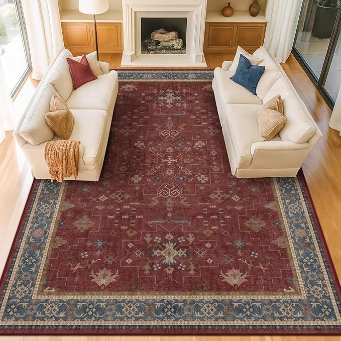Oriental 9x12 Soft Rugs for Living Room - Dark Red Rugs for Bedroom Aesthetic, Dining Room Under Kitchen Table, Washable Soft Non Slip Large Area Vintage Décor