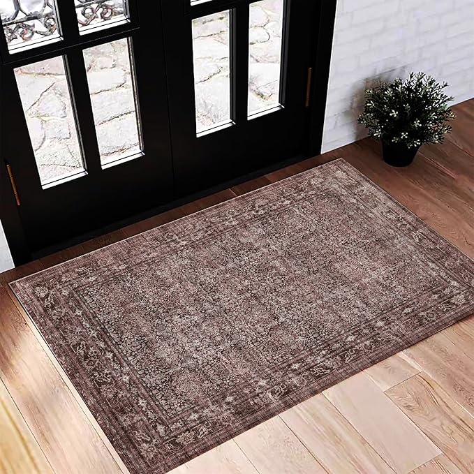 Washable Area Rug 2'x3' Door Mat Vintage Distressed Doormat Indoor Entrance Traditional Thin Rug Floral Print Non Slip Carpet for Kitchen Bathroom Bedroom Living Room