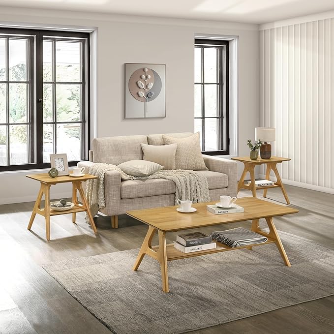 Roundhill Furniture Arona 3-Piece Coffee Table Set, Coffee Table and Two End Tables, Natural Oak Finish