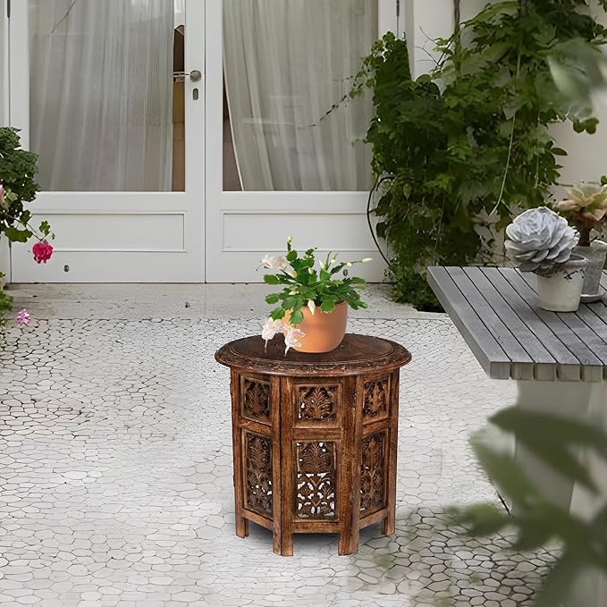 Lightnpro Elegant Handcrafted Wooden End Table - Unique 18x18 Inch Octagonal Design, Burnt Antique Finish - Vintage Accent Table for Living Room, Bedroom & Entryway Home Décor