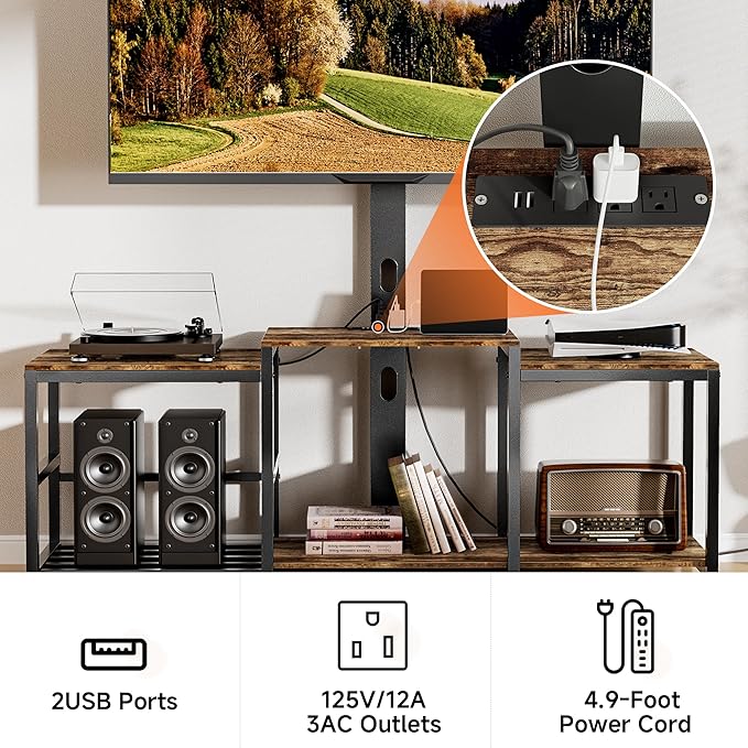 Aquzee TV Stand with Mount for up to 75 inch with Power Outlet, 58”W Wood Entertainment Center with Record Player Storage for 50 55 60 65 70 75 inch TV, Height Adjust Swivel Mounted Television Stand