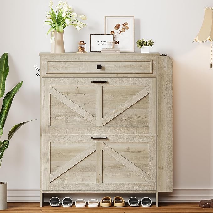 IRONCK Shoe Storage Cabinet with 2 Flip Drawers & Barn Door Design, Freestanding Shoe Cabinet Organizer with Drawer and Shelves for Entryway, Farmhouse Shoe Rack Cabinet,Rustic Maple