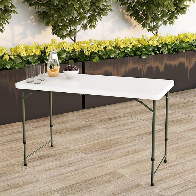 Adjustable Folding Table - Portable 4-Foot Plastic Utility Tabletop with 2 Height Settings - Indoor and Outdoor Seating by Lavish Home (White)