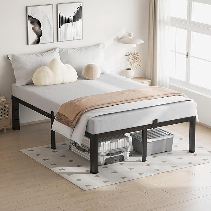 20 Inch Queen Bed Frame, 3500Lbs Heavy Duty Metal Platform with Round Corner Legs Mattress Slide Stopper, Steel Slat Support No Box Spring Needed, Noise Free, Non-Slip, Easy Assembly