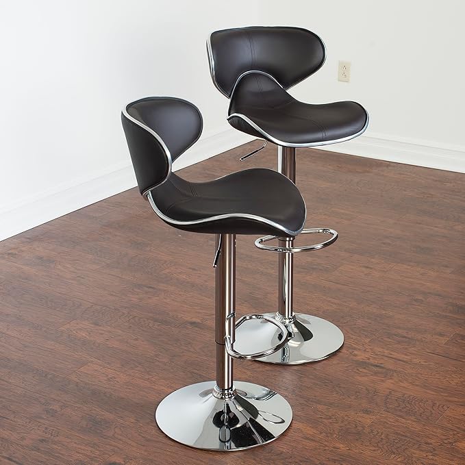 Roundhill Furniture Masaccio Cushioned Leatherette Upholstery Airlift Adjustable Swivel Barstool with Chrome Base, Set of 2, Brown