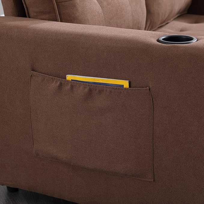 ERYE 3 Fold Tufted Upholstered Futon Sofa Bed Modern Convertible Foldable Floor Loveseat Sofabed with Pull Out Sleeper Couch Daybed W/Cupholders and Pockets for Living Room
