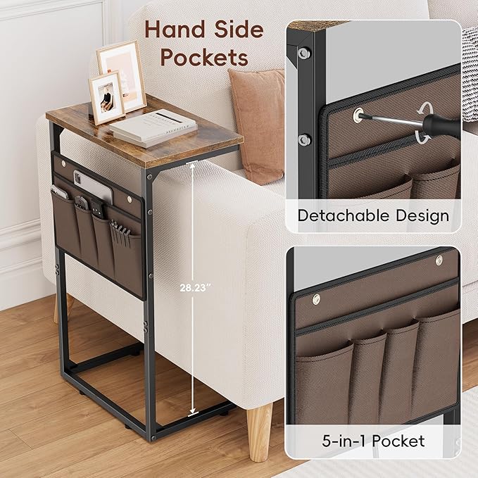 Vagusicc C Shaped End Table Set of 2, Tall Side Table for Sofa, Small Couch Side Table with Storage Bag, TV Tray Table for Small Spaces, Sturdy Slide Under Sofa Table with Metal Frame for Living Room