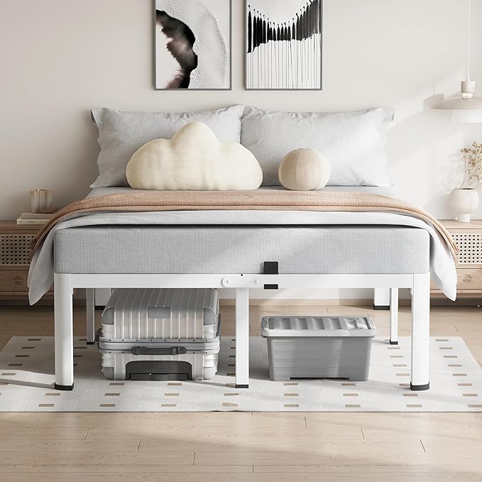 18 Inch Full Size White Bed Frame, 3500Lbs Heavy Duty Metal Platform with Round Corner Legs Mattress Slide Stopper, Steel Slat Support No Box Spring Needed, Noise Free, Non-Slip, Easy Assembly