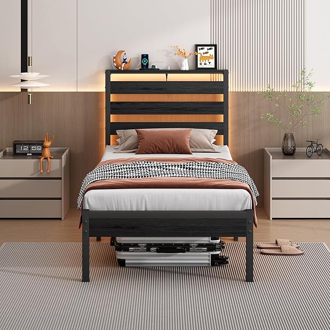 14 Inch Classic Metal Platform Bed Frame-Twin Bed Frame with Headboard,Steel Slats Support-LED Bed Frame with USB Charging Station,Under Bed Storage,No Box Spring Needed,Noise Free