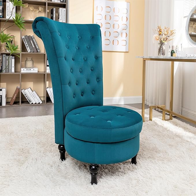 Container Furniture Royal High-Back Velvet Accent Chair for Vanity with Storage and Luxurious Upholstery, Retro Design and Versatile Usage for Livingroom, Bedroom, Lounge and Office, Greenish Blue