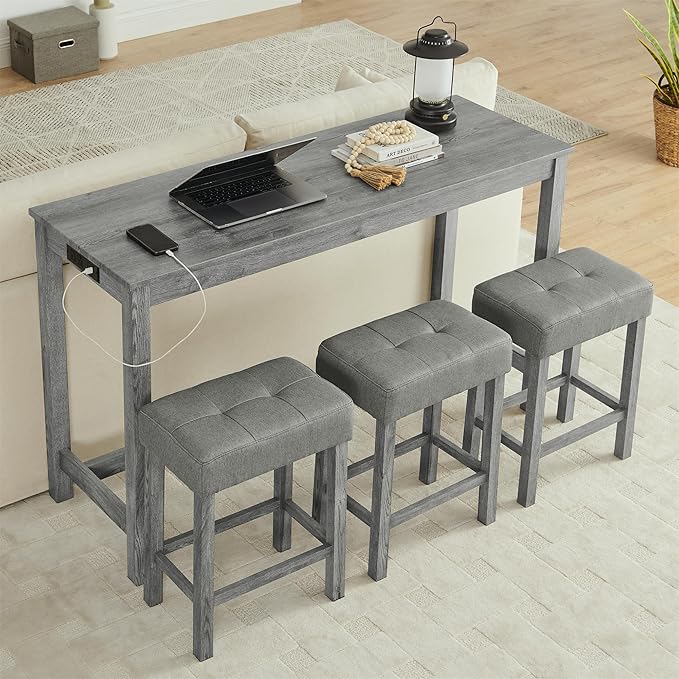 KEIKI 4-Piece Bar Table Set with Charging Station - 59" Industrial Kitchen Table & 3 Upholstered Stools, USB/Type-C/AC Outlets, Solid Wood Frame - for Dining Room, Apartment, Living Room (Grey)
