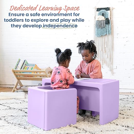 ECR4Kids Tri-Me Table and Cube Chair Set, Multipurpose Furniture, Light Purple, 3-Piece