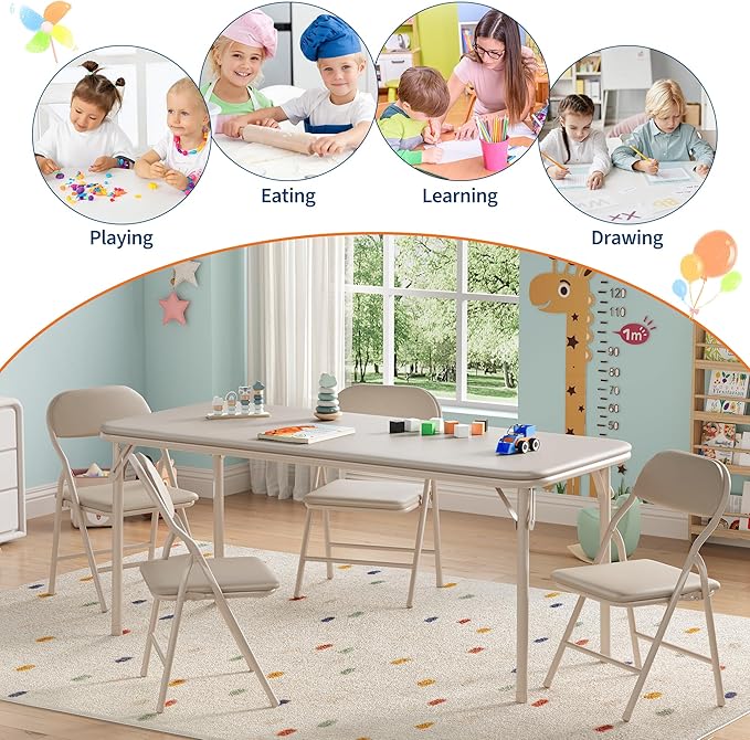 GarveeHome 5-Piece Kids Folding Table and Chairs Set, Toddlers Children's Activity Table and Chairs Set for Dining Room,Daycare,Classrooms