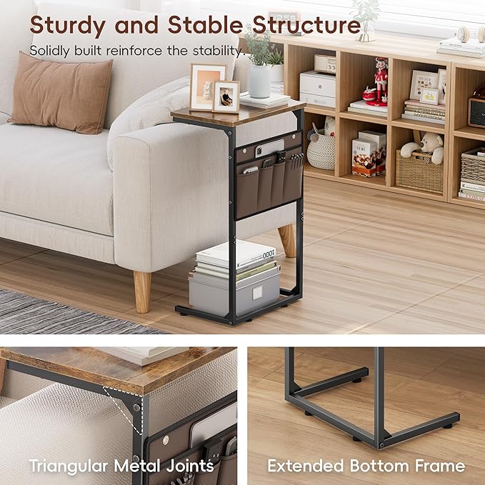 Vagusicc C Shaped End Table Set of 2, Tall Side Table for Sofa, Small Couch Side Table with Storage Bag, TV Tray Table for Small Spaces, Sturdy Slide Under Sofa Table with Metal Frame for Living Room