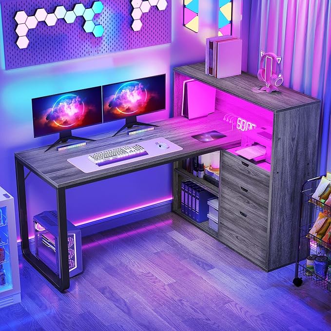 DWVO L Shaped Desk with Drawers, 55" Corner Computer Desk with Bookshelf & Power Outlets & LED Lights, Home Office Desk with Storage Shelves, Grey
