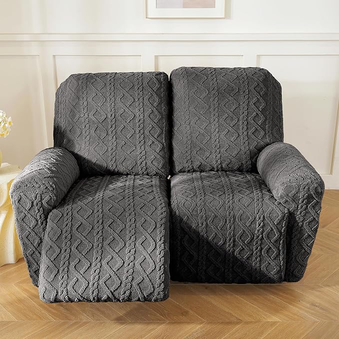 vctops 6 Pieces Geometric Jacquard Plush Recliner Loveseat Slipcovers Soft Fuzzy Fluffy Sofa Couch Cover Anti-Slip Furniture Protector with Elastic Bottom for Kids Cats Dogs(Dark Grey,2 Seat)
