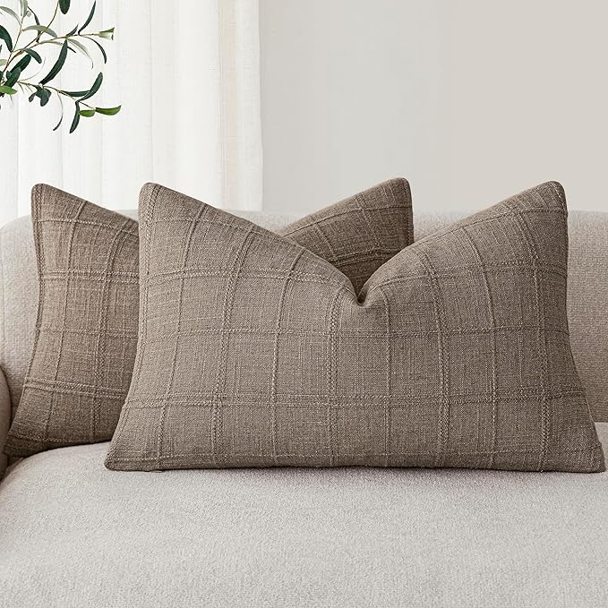 Foindtower Set of 2 Decorative Linen Check Throw Pillow Covers Neutral Farmhouse Lumbar Cushion Covers Modern Boho Home Decor for Sofa Chair Couch Bedroom Living Room Outdoor,12×20 Inch,Tan Taupe