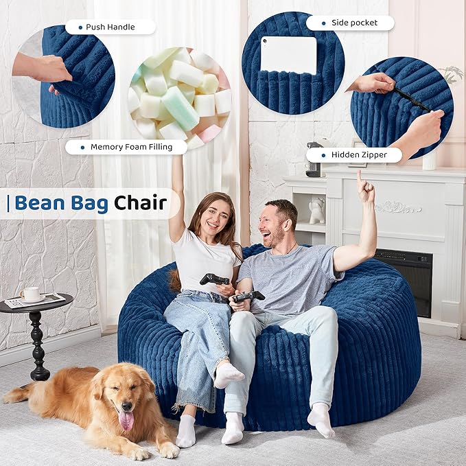 HABUTWAY 5FT Bean Bag Chair, 5' Large Bean Bag Chairs for Adults with Removable Stripe Plush Cover, Memory Foam Beanbag Chair for Living Room Bedroom Dorm (Blue)