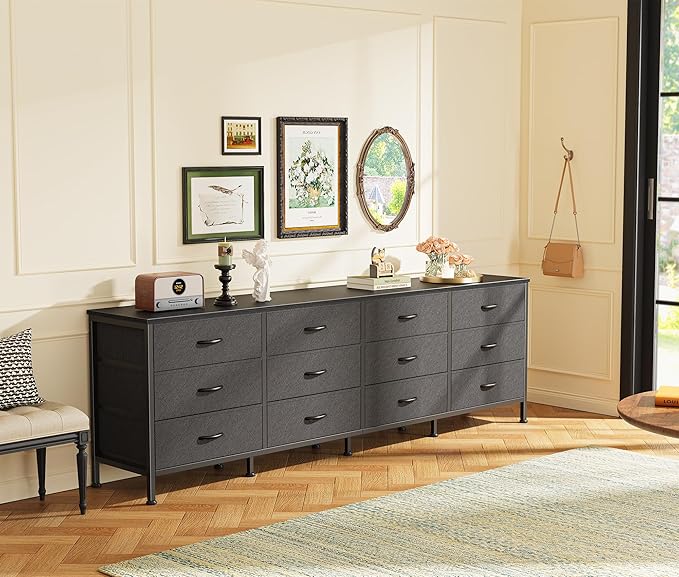 Huuger 70 Inch Black Dresser for Bedroom, TV Stand for 65, 75, 80 Inch TV, 12 Fabric Drawer Long Dresser, Wide Chest of Drawer, Storage Units for Living Room
