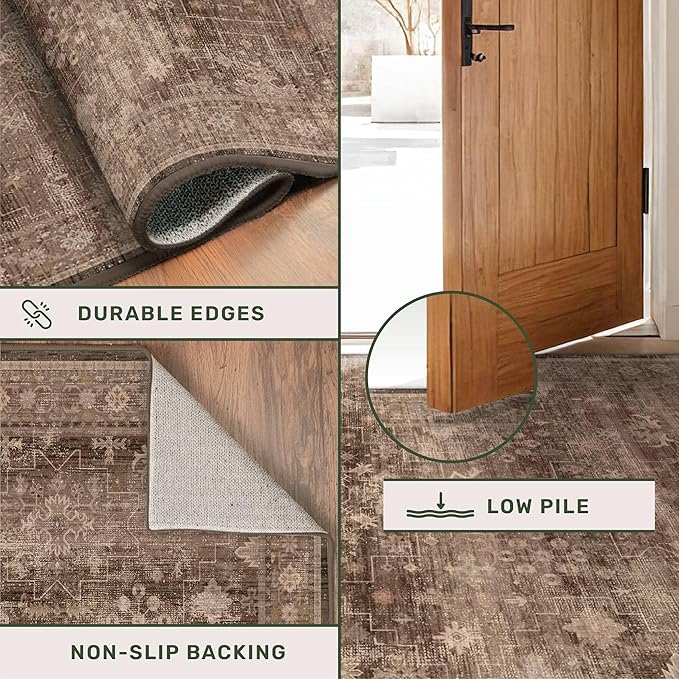 Brown Rug for Living Room 10x14 - Extra Large Vintage Western Unique Neutral Taupe, Washable Low Pile Non-Slip Soft Thin Area Rug for Dining Under Table, Bedroom Under Bed, Home Office