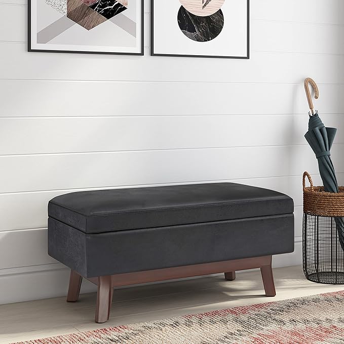 SIMPLIHOME Owen 36 inch Wide Mid Century Modern Small Rectangular Storage Ottoman in Distressed Black Vegan Faux Leather, Assembled, For the Living Room, Entryway and Family Room