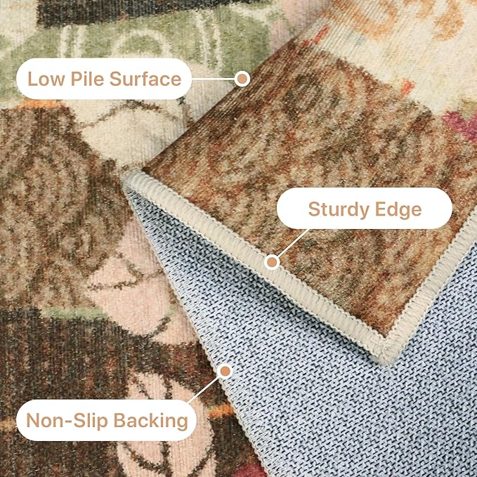 GENIMO 5X7 Floral Area Rugs for Living Room, Machine Washable Non Slip Vintage Patchwork Washable Rug, Ultra-Thin Low Pile Chenille Rugs for Bedroom, Dining Room, Auburn Cinnamon