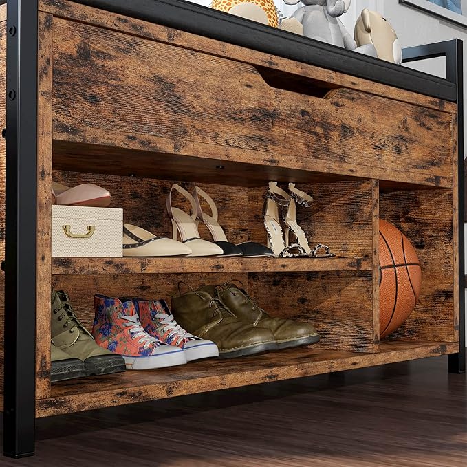 IRONCK Shoe Storage Bench, Entryway Bench with Lift Top Storage Box, Metal and Board Bench for Entryway, Two Tier Shoe Rack Organizer for Entryway, Hallway, Industrial, Vintage Brown