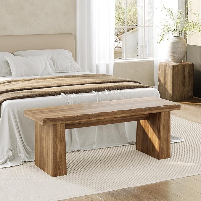 LITTLE TREE 47-Inch Wooden Entryway Bench, Farmhouse Dining Bench with Sturdy Frame for Dining Room, Bedroom, Living Room Hallway Kitchen, Easy Assembly (Walnut)