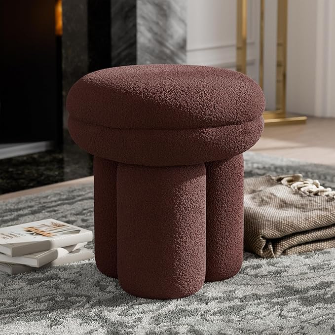 Furniture of America Rami Modern 18-inch Mushroom-Shape Upholstered Ottoman with Tri-Pillar Pedestal, Vanity Stool Chair, Small Foot Stool for Bedroom, Living Room, Entryway, Brown