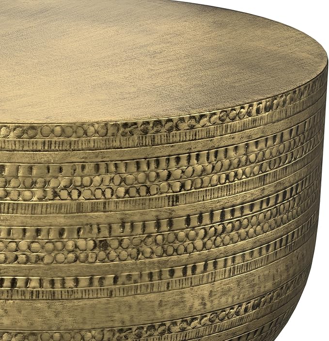 SIMPLIHOME Johnsen 30-inch Wide Metal Drum Coffee Table in Antique Gold, Boho-Style Cocktail Table for Living Room or Family Room, Assembled