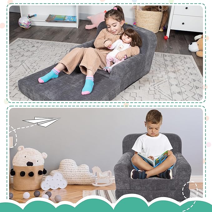 ParkaLounger Children's Sofa 2-in-1 Convertible Chair & Sleeper - Durable Foam Keeps Its Shape - Lightweight, Portable with Handle - Soft, Sturdy & Cozy Seat for Lounging & Play, Gray, Medium