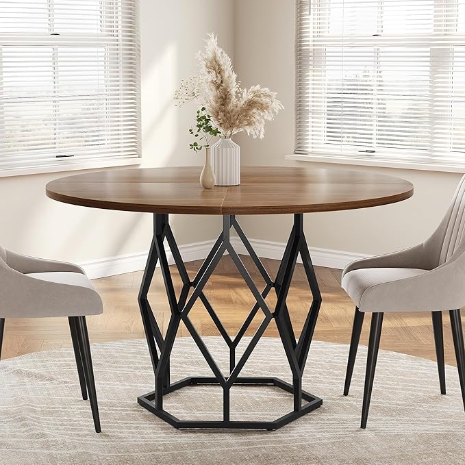 GarveeHome Round Dining Table for 4-6 People, 47 Inch Farmhouse Kitchen Table, Sturdy Metal Base, Industrial Wood Dinning Room Table for Kitchen, Brown