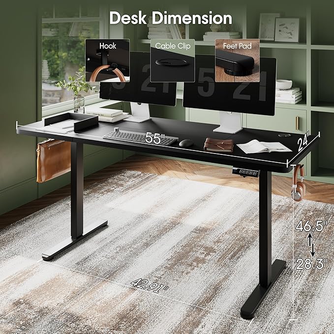 Monomi Electric Height Adjustable Standing Desk, 55x24 Inches, Ergonomic Home Office Sit/Stand Up Desk (Black Steel Frame/Black Top)